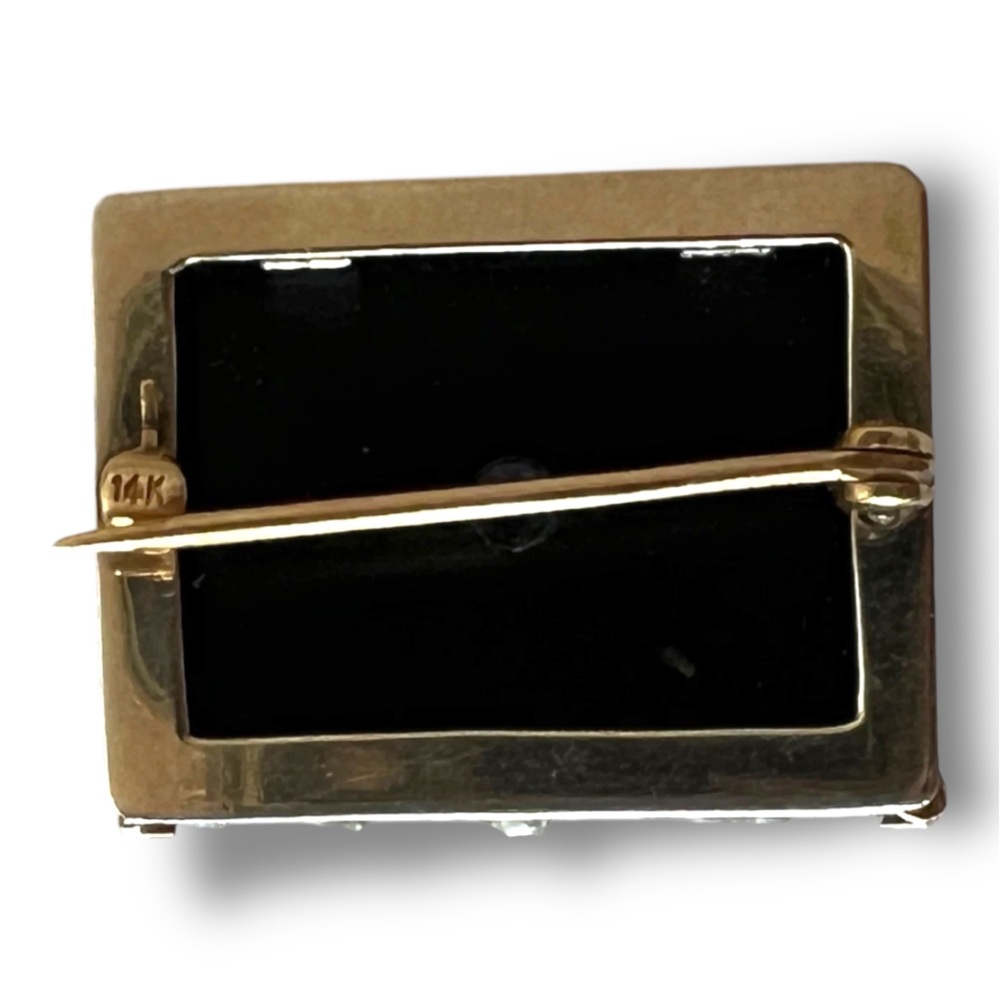 Edwardian 14K Gold Onyx, Seed Pearl, & Old European Cut Diamond Mourning Brooch - Picture 6 of 9